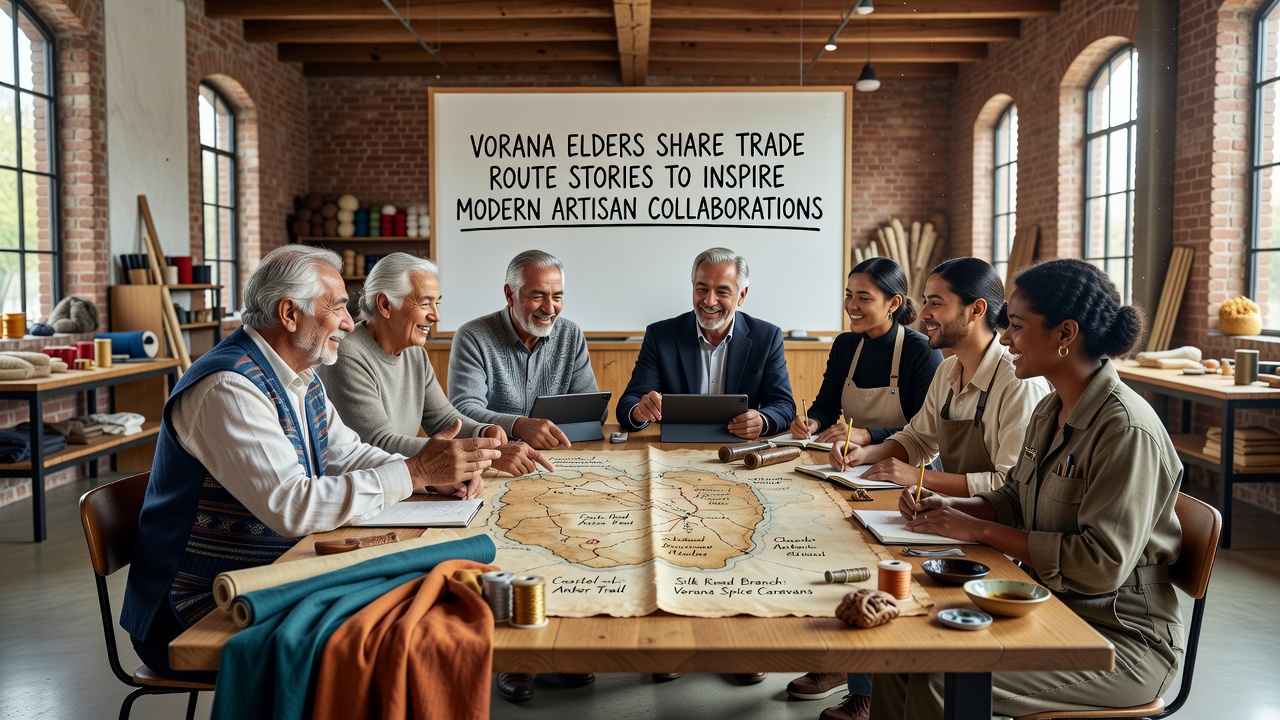 Artisans and elders working together on collaborative textile and metalwork pieces in a workshop setting